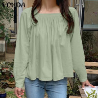 VONDA เสื้อจีบสีพื้นผู้หญิงลำลองคอสี่เหลี่ยมหลวมเสื้อแขนยาวสบายๆ (ลำลองเกาหลี)