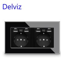 [HOT GELLXKOWOIGHIO 527] Delviz สหภาพยุโรปมาตรฐานซ็อกเก็ต USB สีดำคริสตัลแผง5โวลต์สี่ Usb Interface146mmx86mmAC 110 250โวลต์คู่กรอบผนังเต้าเสียบไฟฟ้า