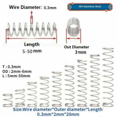 10Pcs 304 Stainless Steel Compression Spring Wire Diameter 0.3mm Return Spring small Springs Spiral spring ressort Length 5 50mm