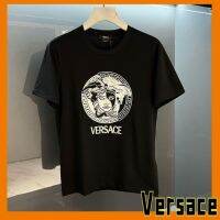 Versaces Original เสื้อคอกลมแฟชั่นสไตล์ยุโรป,คอกลมผ้าฝ้ายแขนสั้นพิมพ์ลายสำหรับทั้งหญิงและชายลำลอง