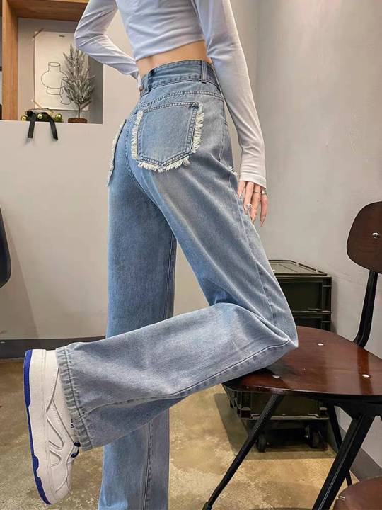 fashionjeans-กางเกงยีนส์ขายาว-เอวสูง-ทรงบอย-วินเทจ-ทรงสวย-กางเกงยีนส์แฟชั่น-8055