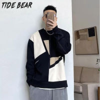 TIDE BEAR เสื้อกันหนาวผชเสื้อสเวตเตอร์สวมหัวสำหรับผู้ชาย,เสื้อเทรนด์ลำลองคอกลมเย็บปะติดเสื้อกันหนาวแฟชั่นทรงหลวมดีไซน์หล่อ