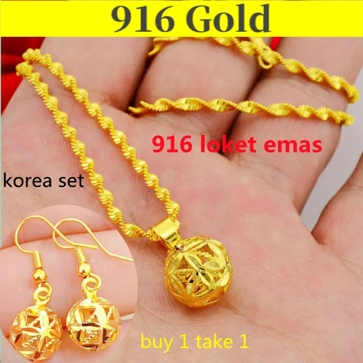 Gold Jewelry Gold 916 Original Malaysia Necklace Women Pendant Korean Style Gold Chain Earing Set For Girls Buy 1 Take 1 Not Fade Birthday Present Fasion Jewellery 项链 Rantai Leher Emas