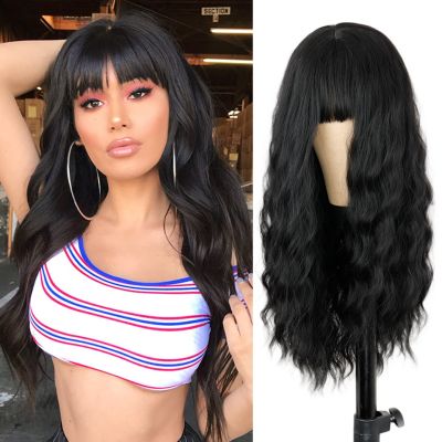 Black Wig with Bangs Long Black Wavy Wigs for Women Synthetic Wigs Natural Black Curly Hair Wig for Girls Daily Party Use