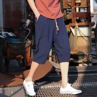 COD ◘ The Neonatal Shop34uilk9iy FengKK Mens Wear Vintage Time 7-Point Pants Summer Loose Thin Chinese Style Linen Shorts Youth Large Size Wide-Leg Casual Harem Cotton Cropped