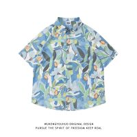 Japanese retro floral print short-sleeved shirt mens trendy street oversize casual floral shirt 【BYUE】