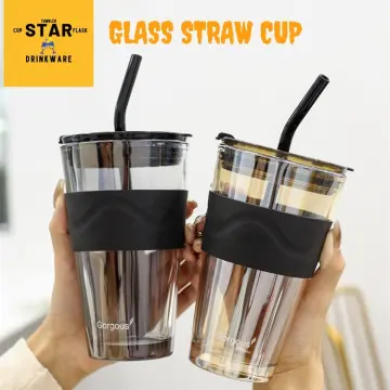 1pc 350ml Glass Straw Cup With Cartoon Characters, Cute