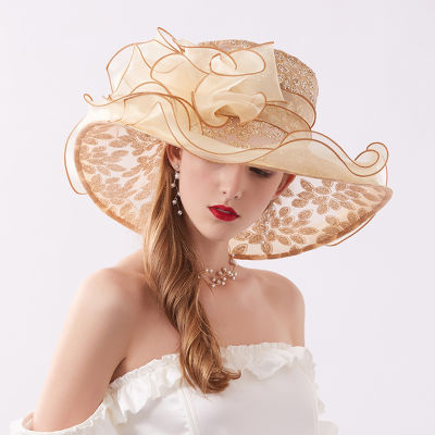 [hot]New Summer Women Organza Kentucky Derby Wide Brim Travel Sun Hats Elegant Flowers Ladies Wedding Church Party Fedoras Hat