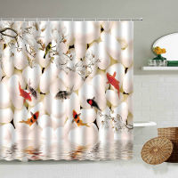 Chinese Style Flower Bird Fish Koi Shower Curtain Stone Pebbles Water Bathroom Accessories With Hook Waterproof Screen Washable