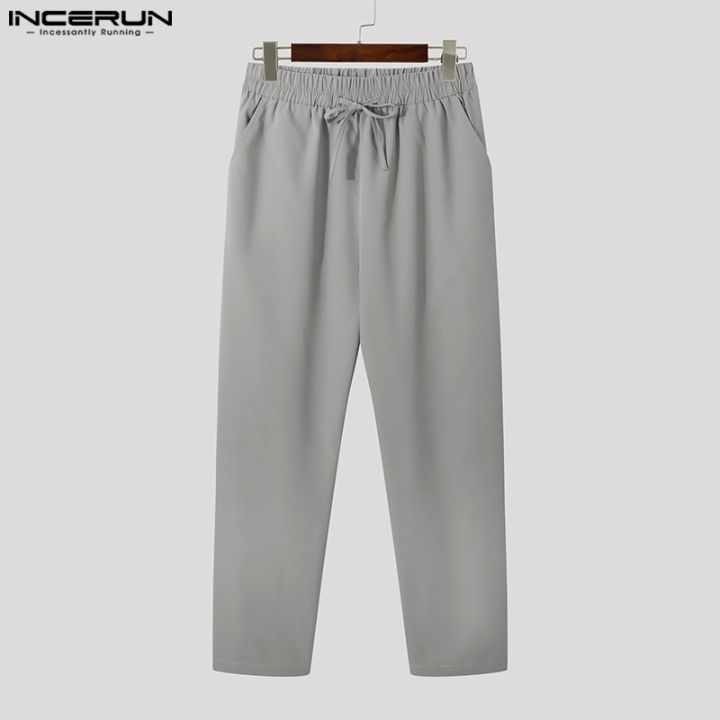 incerun-กางเกงขายาว-ลําลอง-สีพื้น-ผูกเชือก-สําหรับผู้ชาย