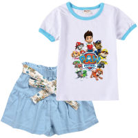 Paw Patrol ชุดเสื้อยืดแขนสั้นเด็กเล็ก2-15ปี,ชุดการ์ตูนแขนสั้นผูกโบว์ยีนส์ขาสั้นและท็อปส์ซูเสื้อยืดสำหรับผ้าฝ้ายสำหรับเด็กผู้หญิงเด็กน้อย + โพลีเอสเตอร์0000