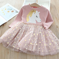 Baby Girl Cute Unicorn Dresses Autumn Long Sleeve Knitted Girls Dress Christmas Party Star Mesh Princess Dress Children Clothing