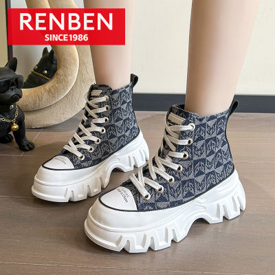 รองเท้าผ้าใบรองเท้าผ้าใบสูงสำหรับผู้หญิงจาก RENBEN Niche รองเท้ามัฟฟินส้นหนาแบบลำลอง