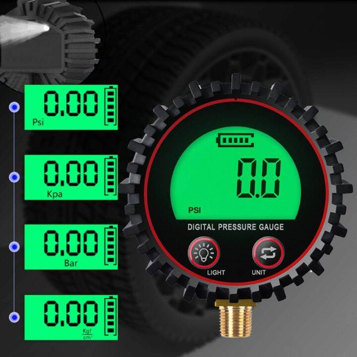 เครื่องวัดความดันอากาศแบบดิจิตอลขนาดหน้าปัดสำหรับ-w-1-8-npt-ขั้วต่อด้านล่างและบูตป้องกันความแม่นยำของ0-255psi-แบตเตอรี่1