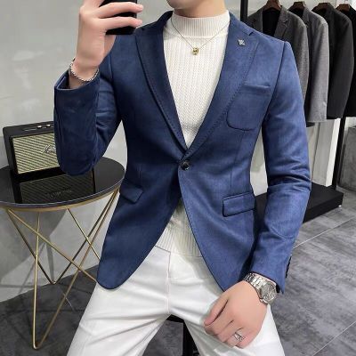 2022ฤดูใบไม้ร่วง Deerskin กำมะหยี่แจ็คเก็ต Blazer 6สีผู้ชายธุรกิจ Slim Fit Blazers Hommes Casual หนัง Velvets เสื้อสูท4XL-M