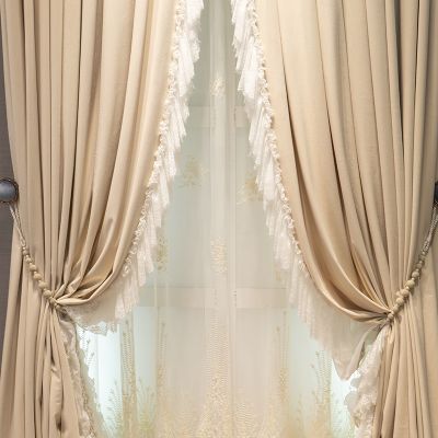 French Light Luxury Milk Tea Color Thickened Velvet Lace Stitching Curtains for Living Room Bedroom Villa Dining Room Partition