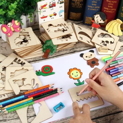 20pcs Montessori Kids Drawing Toys Wooden DIY Painting Template Stencils Learning Educational Toys for Children Wooden Toy Gift