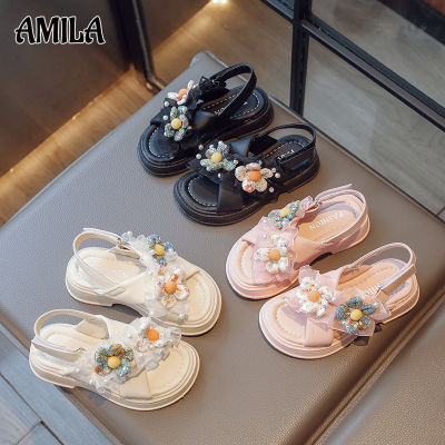 AMILA รองเท้าแตะเด็กผู้หญิง,รองเท้าเปิดรองเท้าชายหาดสำหรับเด็กโตรองเท้าเจ้าหญิงดอกไม้สไตล์เกาหลี