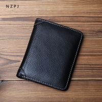 【CC】 NZPJ Thin Mens Leather Wallet Short Top Layer Cowhide Card Holder Coin Purse Bank