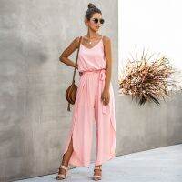 Summer Style Jumpsuits for Women Bodysuit Summer V-Neck Strap Wide Leg Side Slit Siamese Overalls