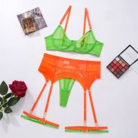 2023 Korean Contrast Color Lingerie Seamless Sheer Lace Underwear 3-Piece Transparent Fine Intimate Fancy Sensual Bra And Panty Set