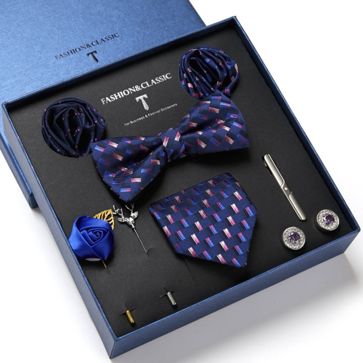 100-silk-handmade-7-5cm-wide-tie-sets-blackbluered-mens-neck-tie-hankerchiefs-amp-cufflinks-amp-tie-clip-with-pin-in-box