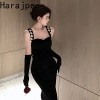 Harajpee 2023ชุดราตรีสีดำสุดเซ็กซี่,ชุดราตรีผ้ากำมะหยี่สีดำแบบสอดใส่ในงานเลี้ยงวันเกิด