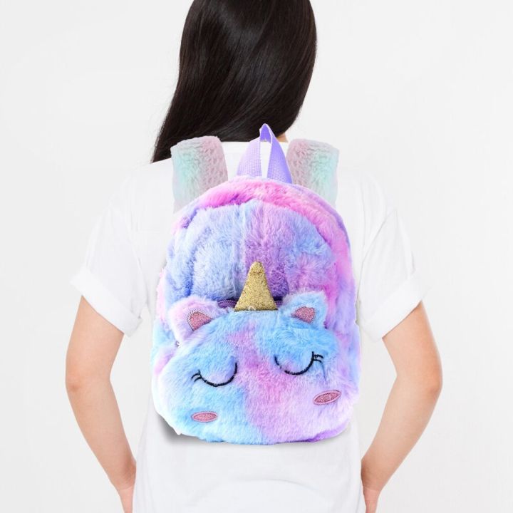 cartoon-unicorn-plush-soft-fur-schoolbag-kawaii-preschool-bag-lovely-fashion-gradient-color-simple-portable-children-back-pack