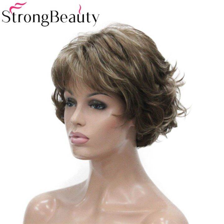 strongbeauty-วิกผมสตรีขนสั้นวิกผมทนความร้อนใยสังเคราะห์หยิกไม่มีหมวก