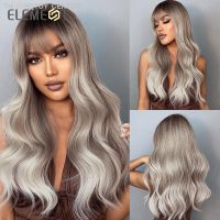 Element Long Body Curly Synthetic Wig with Bangs Ombre Dark Root to White Blonde Wigs for Women Daily Party Heat Resistant [ Hot sell ] TOY CENTER