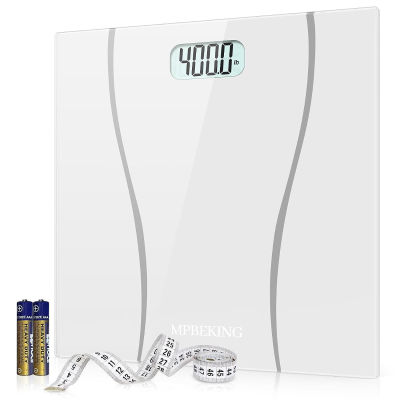 Weight Scale, MPBEKING Scale for Body Weight Highly Accurate Digital Bathroom Scale Weighing Machine Measures Weight up 400 lb/180kg with Lighted LCD Display Battery &amp; Tape Measure (White)