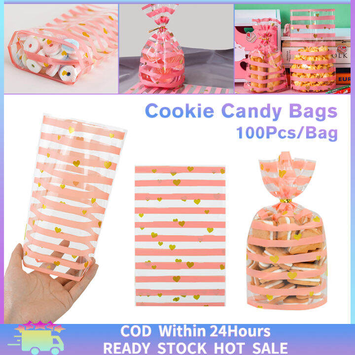 [Fast Delivery] 100Pcs Cookie Candy Bags Cellophane Bag Pink Stripes