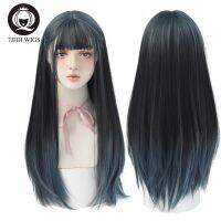 7JHH WIGS Omber Blue Gray Long Straight Latest Style 26 Synthetic Wig With Air Bangs For Girls Heat-Resistant Daily Wear Hair [ Hot sell ] Toy Center 2