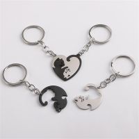 2Pcs Puzzle Cat Keychain Heart Patchwork Keyring Valentines Day Gift Pendants For Couple Lovers Hanging Jewelry Key Chain