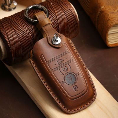 Leather Car Key Case Cover Keychain Holder Fob Protector for Ford Mondeo Lincoln Aviator Navigator F150 Raptor Focus Keyring Bag