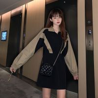 利Autumn Dress Korean version Womens Cargo style waist slimming Contrast color matching long-sleeved casual dress ready stock