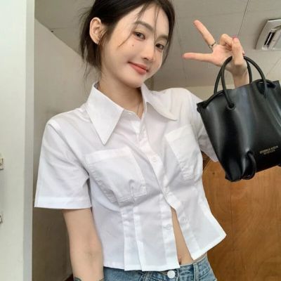 ‘；’ MEXZT White Shirts Women Korean Fashion Slim Crop Tops Summer Preppy Style Short Sleeve Turn Down Collar Blouses Student Basic