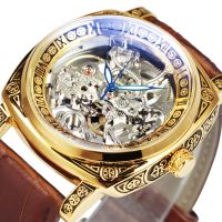 ZZOOI Retro Luxury Square Transparent Skeleton Watch for Men Mechanical Wristwatches Golden Engraved Case Leather Strap Luminous