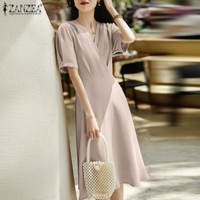 (เคลียร์สต๊อกขาย)(จัดส่งฟรี) Fancystyle ZANZEA ชุดเดรสฤดูร้อนผู้หญิงสไตล์เกาหลีลำลองทรงหลวม A-Line Sundress แขนสั้นคอวีเสื้อ Dress #11