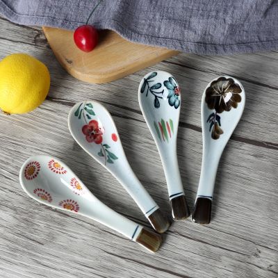 Ceramic Tableware Set Creative Hand-painted Ceramic Spoon Flatware Spoons Flower Pattern Groceries dinner ware 4pieces/set Serving Utensils