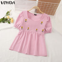 VONDA เสื้อแฟชั่นผู้หญิงจีบคอสี่เหลี่ยมแขนพองเสื้อ A-Line Blouse (ลำลองเกาหลี) #2