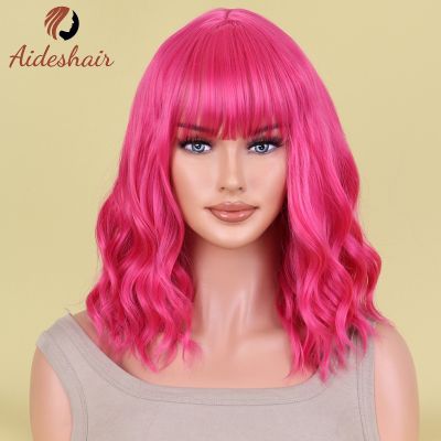 Aideshair 14 Inches Women Girls Short Curly Synthetic Wig with Bangs Lovely Pink [ Hot sell ] vpdcmi