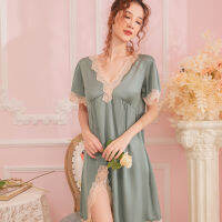 ชุดนอนนุ่มผู้หญิง Nightdress ซาติน Silky Sleep Dress Intimate ชุดชั้นในลูกไม้ Patchwork Nightgown หลวม Home Dressing Gown