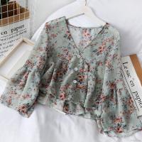 ashion V Neck Floral Print Long Sleeves Chiffon Crop Blouse