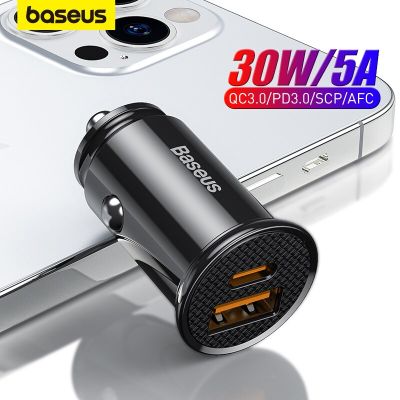 Baseus ที่ชาร์จแบตในรถ USB 30W ของแท้ชาร์จเร็ว4.0 3.0 FCP SCP USB PD สำหรับ Android &amp; IOS 12 13 14 Pro ที่ชาร์จแบตเตอรี่โทรศัพท์ที่ชาร์จไฟบนรถยนต์เร็ว