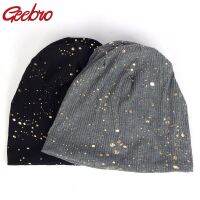 【YD】 Geebro Womens Fashion Splatter Paint Ribbed Beanie Hat Metallic Color Cotton for Slouchy Bronzing Skullies