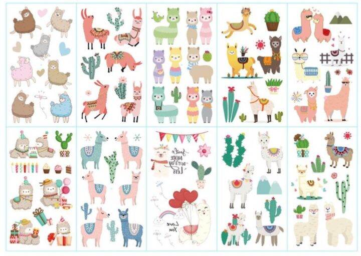 hot-dt-10-pack-fake-stickers-cartoon-temporary-tattoos-kids-arm-alpaca-fun