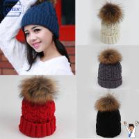 QUEEN Women Winter Warm Pom Bobble Crochet Cap Wool Knit Hat Raccoon Fur Beanie