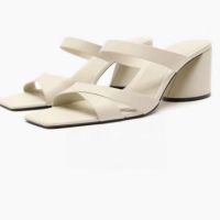 【Available】2023 Summer New ZA Light Beige Thick Heel Cow Leather High Heels Simple Open Toe Casual Fashion Sandals