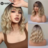 HAIRCUBE Short Wavy Synthetic Bobo Wigs With Bangs for Women Ombre Brown Blonde Natural Wigs Heat Resistant Daily Cosplay Hair Wig  Hair Extensions Pa